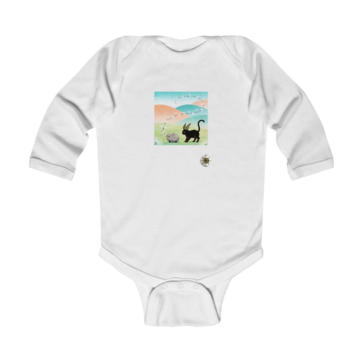HD Pebble creature with fern ears following a looping trail of seed fluff Infant Long Sleeve Bodysuit