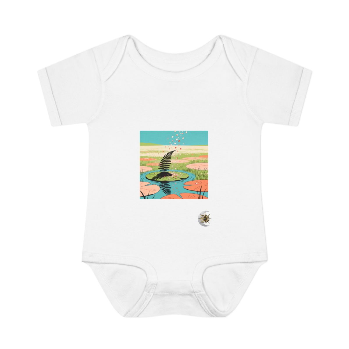 HD Fern on a lily-pad island receiving a shower of falling petals Infant Baby Rib Bodysuit