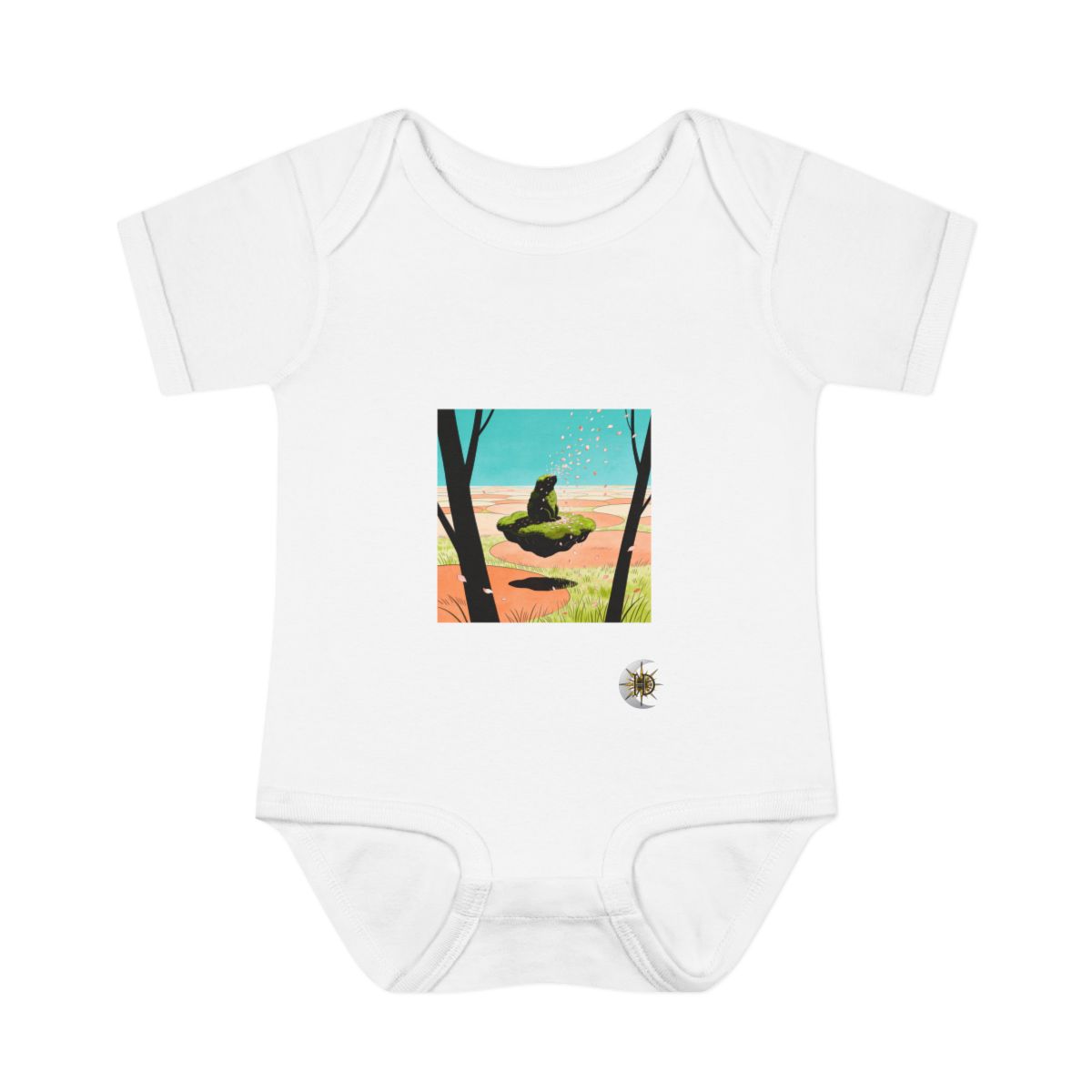 HD Floating moss island receiving a shower of falling petals Infant Baby Rib Bodysuit