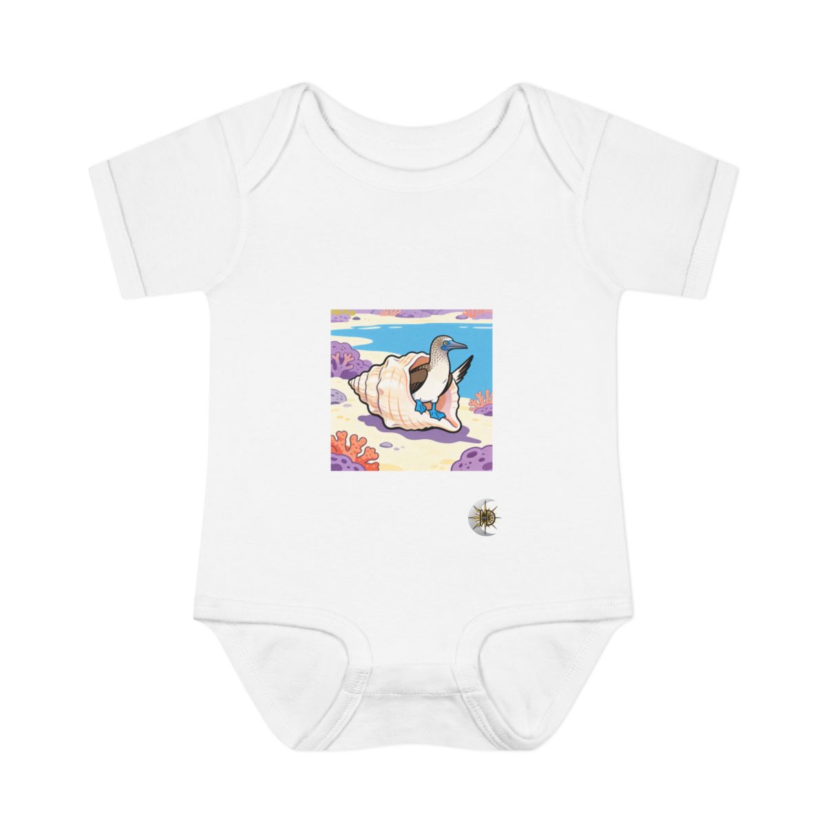HD Blue-footed booby peeking from behind an oversized shell Infant Baby Rib Bodysuit