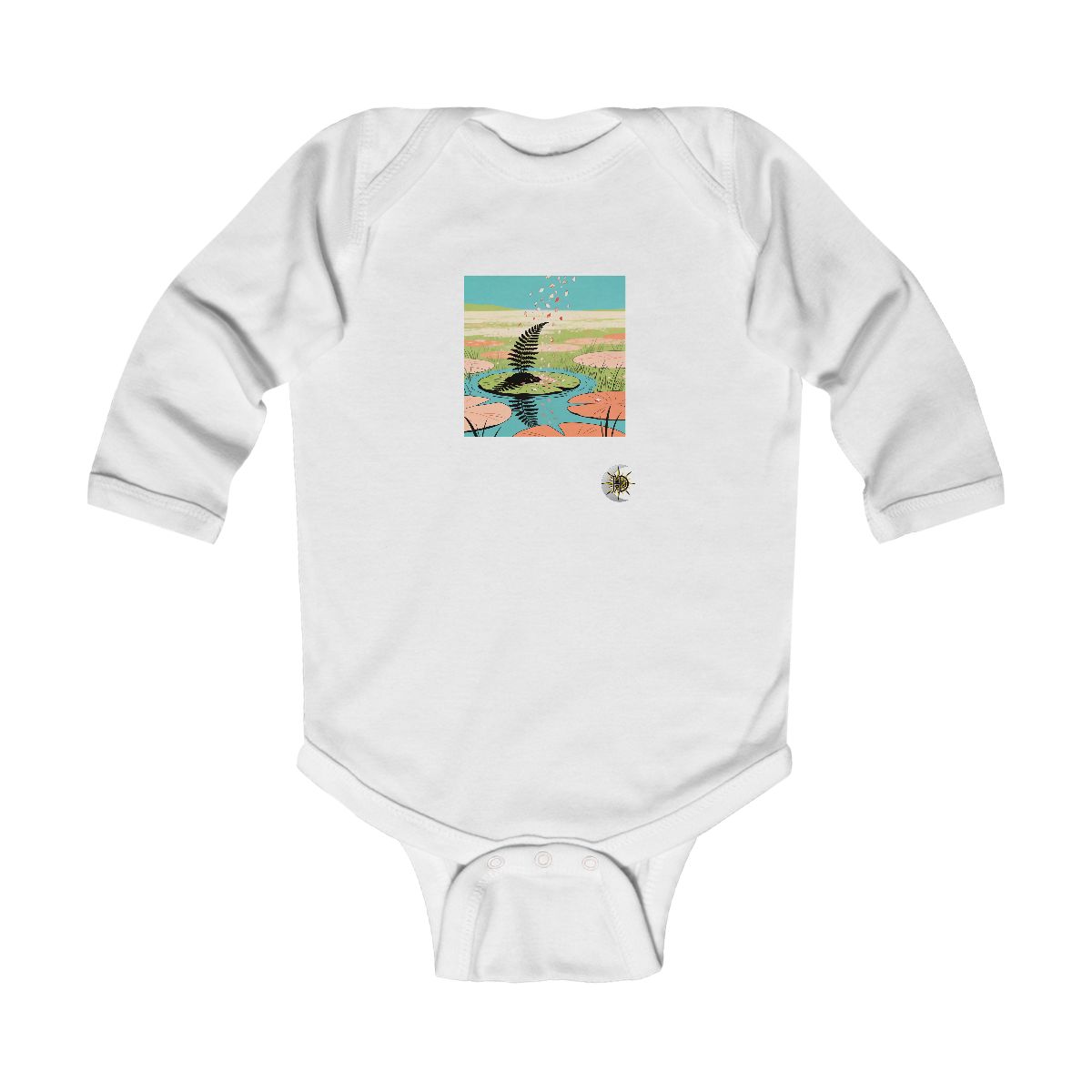 HD Fern on a lily-pad island receiving a shower of falling petals Infant Long Sleeve Bodysuit