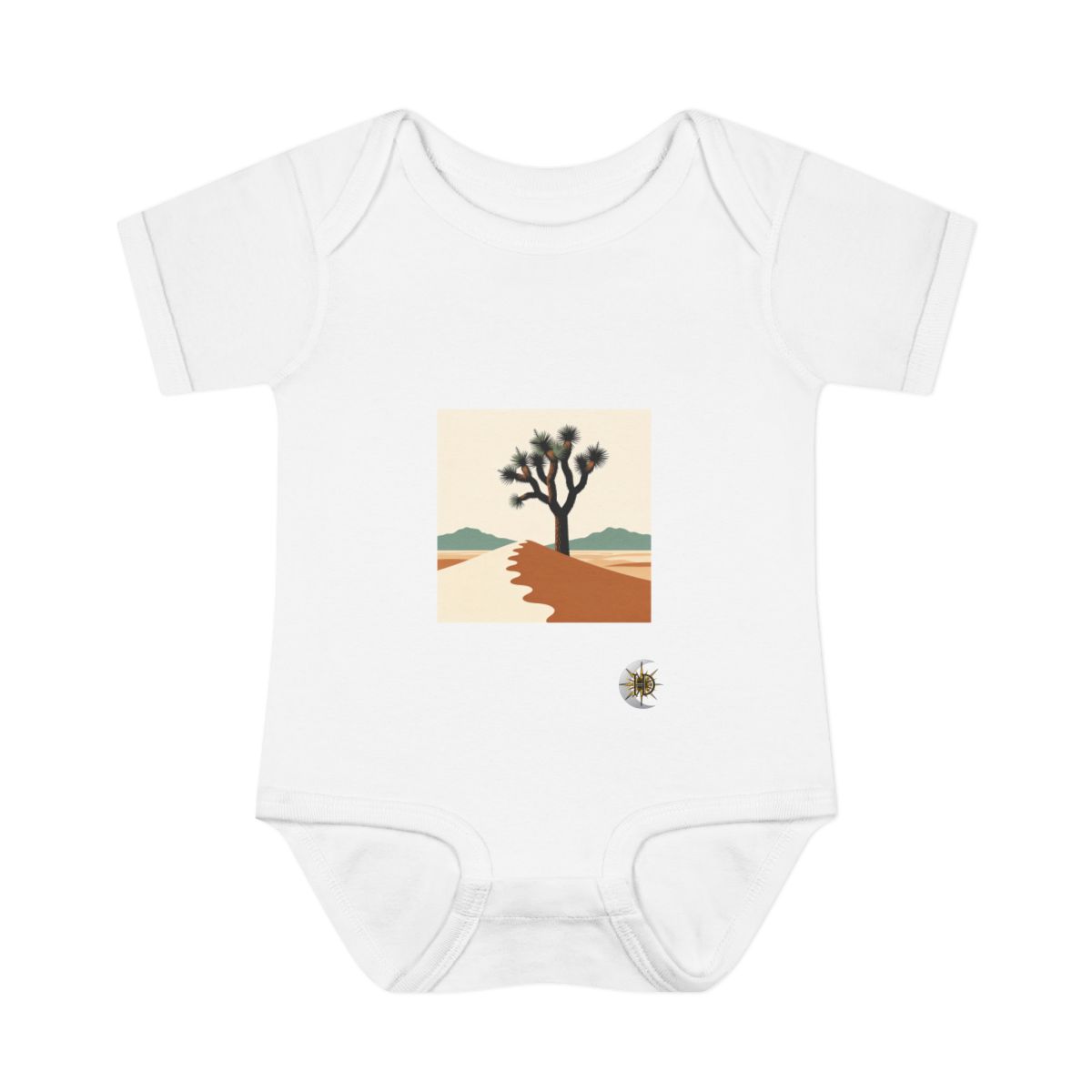 HD Joshua tree rising behind a scalloped dune Infant Baby Rib Bodysuit