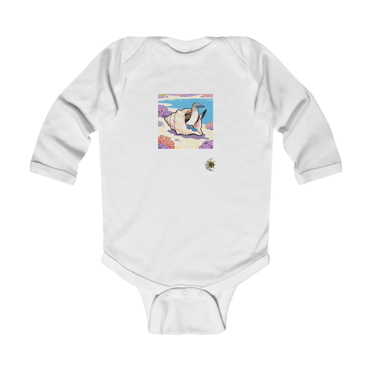 HD Blue-footed booby peeking from behind an oversized shell Infant Long Sleeve Bodysuit