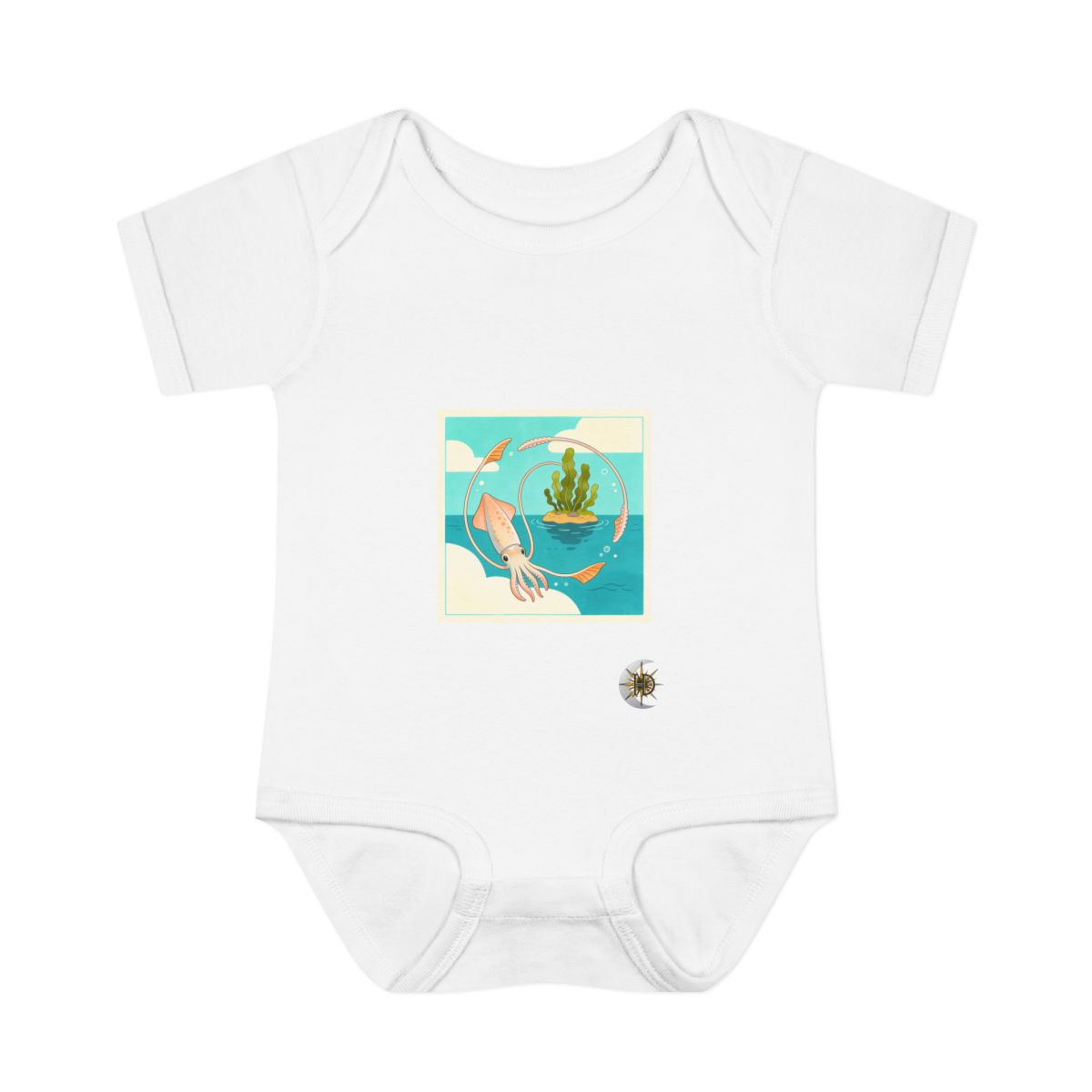 HD Reef squid circling a floating kelp island Infant Baby Rib Bodysuit