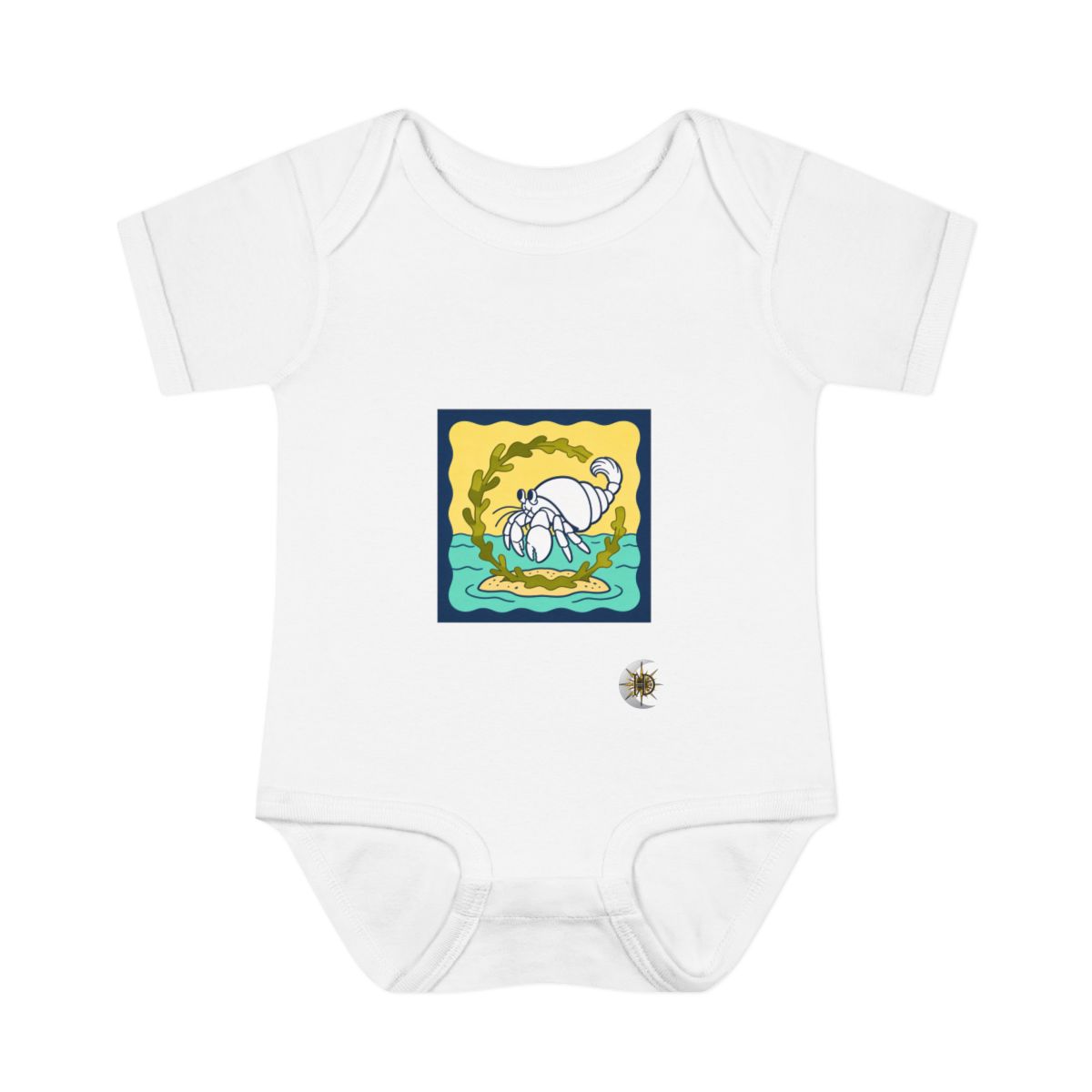 HD Hermit crab circling a floating kelp island Infant Baby Rib Bodysuit