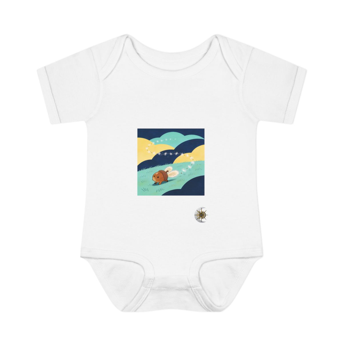 HD Acorn creature with fuzzy fins following a looping trail of seed fluff Infant Baby Rib Bodysuit