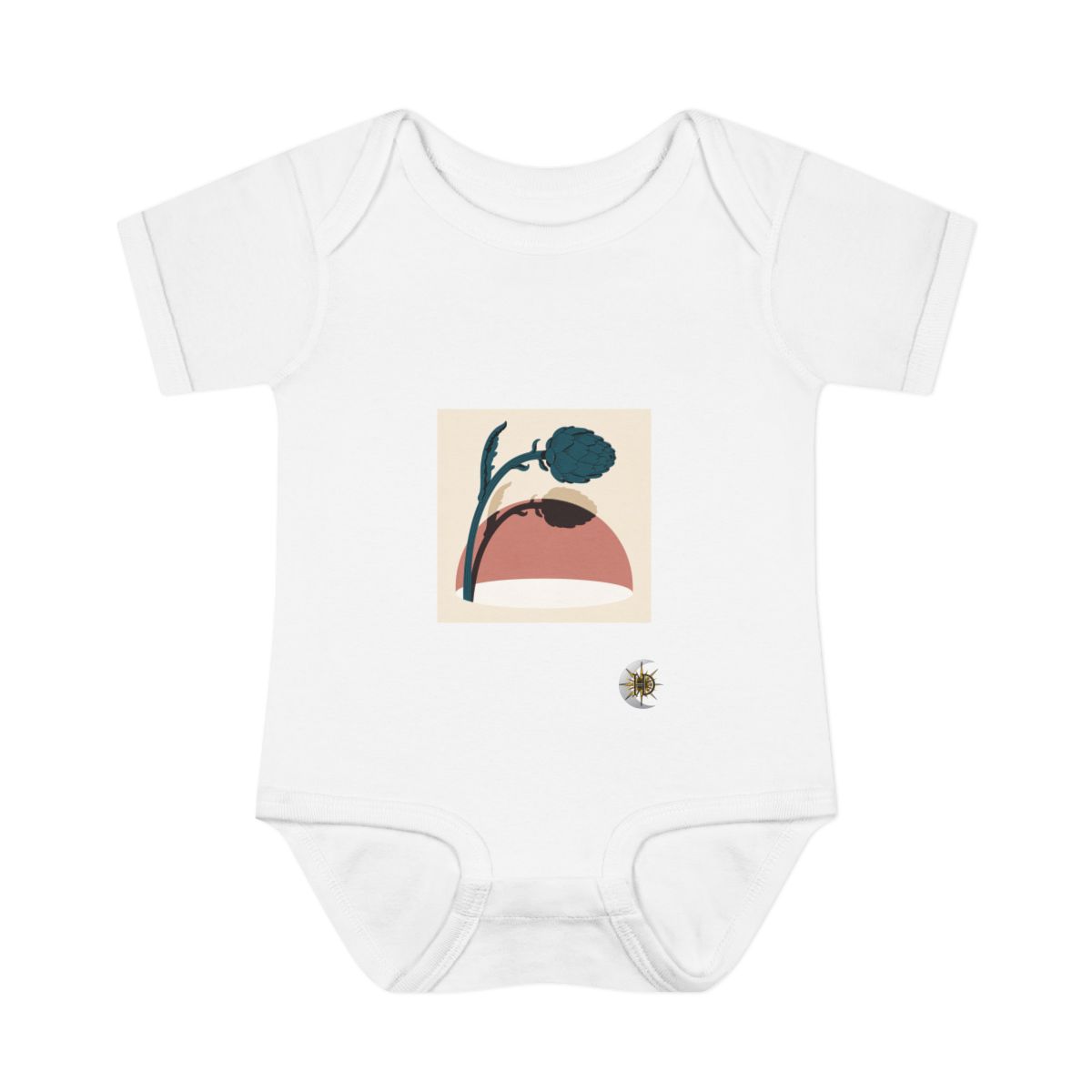 HD Artichoke bloom arching across a rounded pool of open space Infant Baby Rib Bodysuit