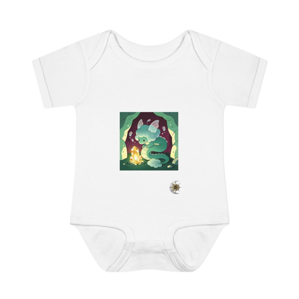 HD Cloud creature with floating fins curled beside a glowing mineral Infant Baby Rib Bodysuit