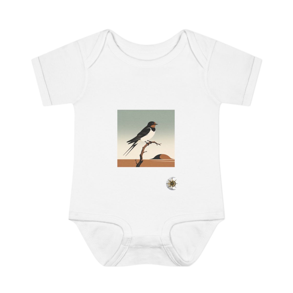 HD Swallow balancing on a curved bare branch Infant Baby Rib Bodysuit