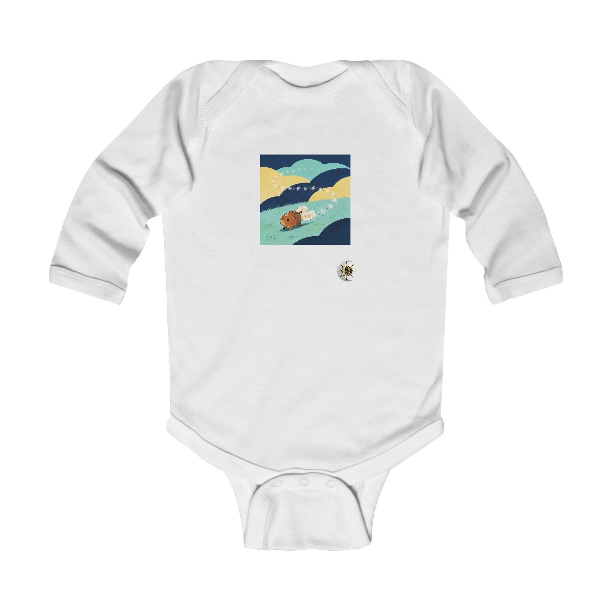 HD Acorn creature with fuzzy fins following a looping trail of seed fluff Infant Long Sleeve Bodysuit