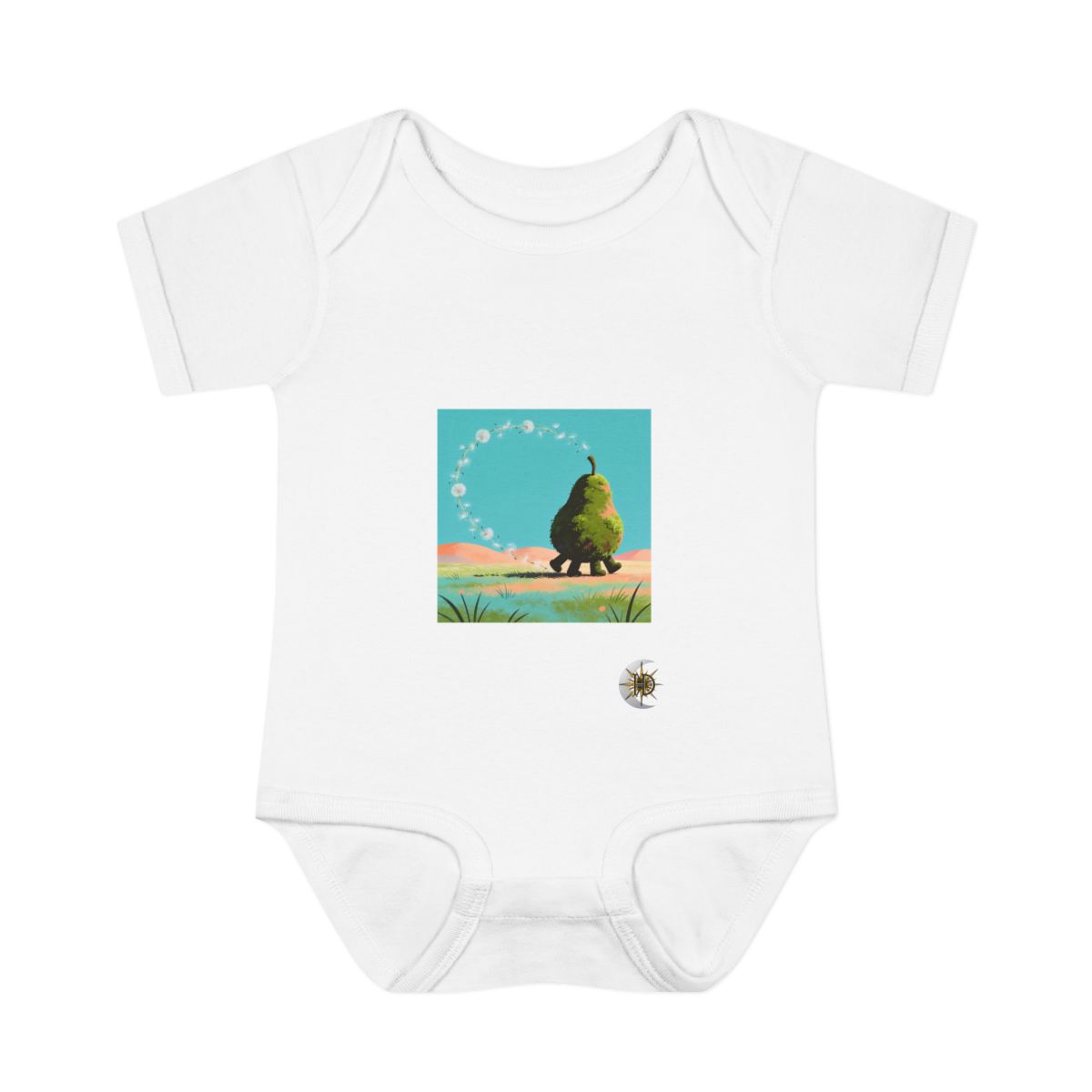 HD Pear-shaped moss creature with four stubby feet following a looping trail of seed fluff Infant Baby Rib Bodysuit