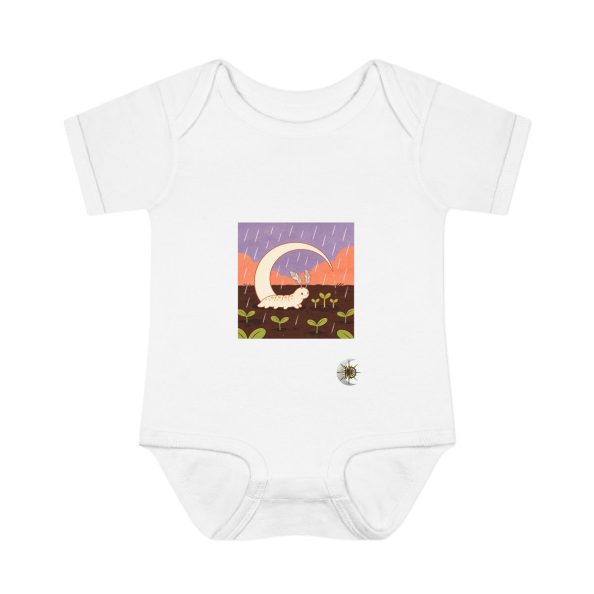 HD Crescent creature with feather antennae sheltering three little sprouts Infant Baby Rib Bodysuit