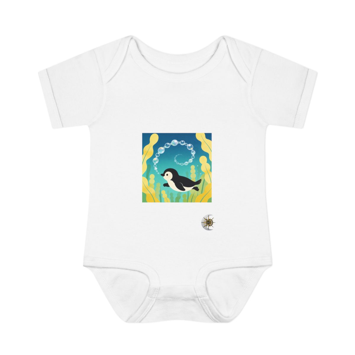 HD Little penguin chasing a looping chain of bubbles Infant Baby Rib Bodysuit