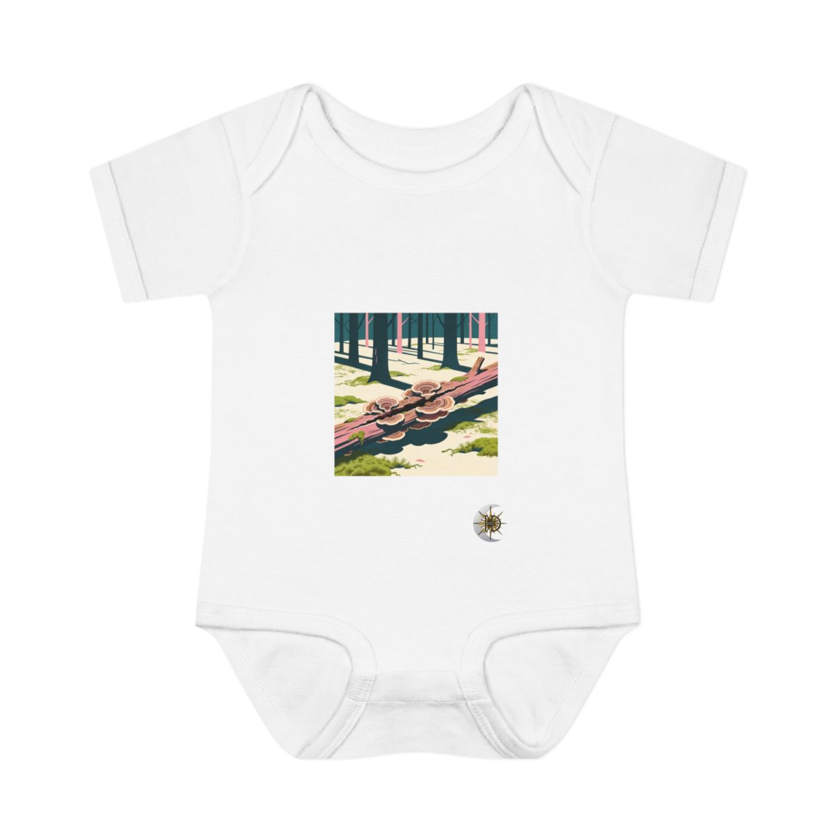 HD Turkey-tail fungi growing through a split fallen branch Infant Baby Rib Bodysuit