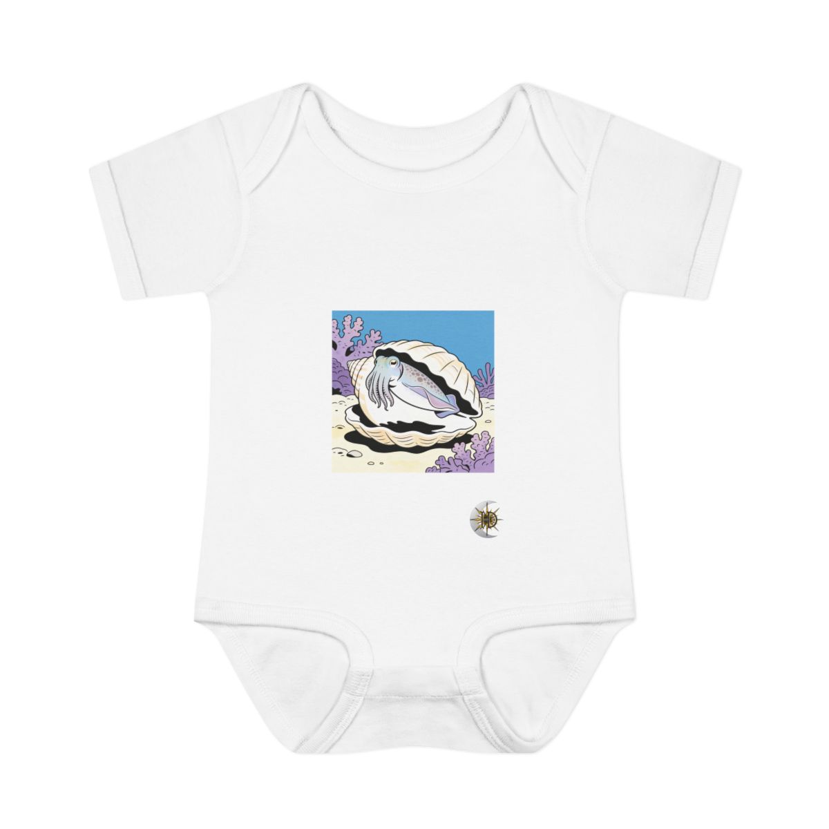 HD Cuttlefish peeking from behind an oversized shell Infant Baby Rib Bodysuit