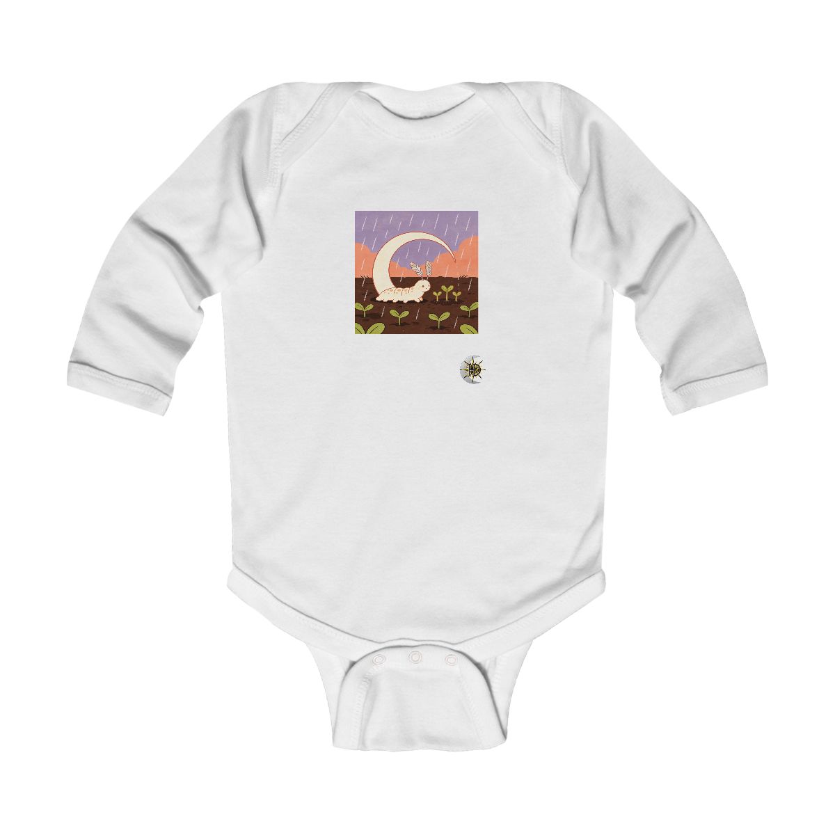 HD Crescent creature with feather antennae sheltering three little sprouts Infant Long Sleeve Bodysuit
