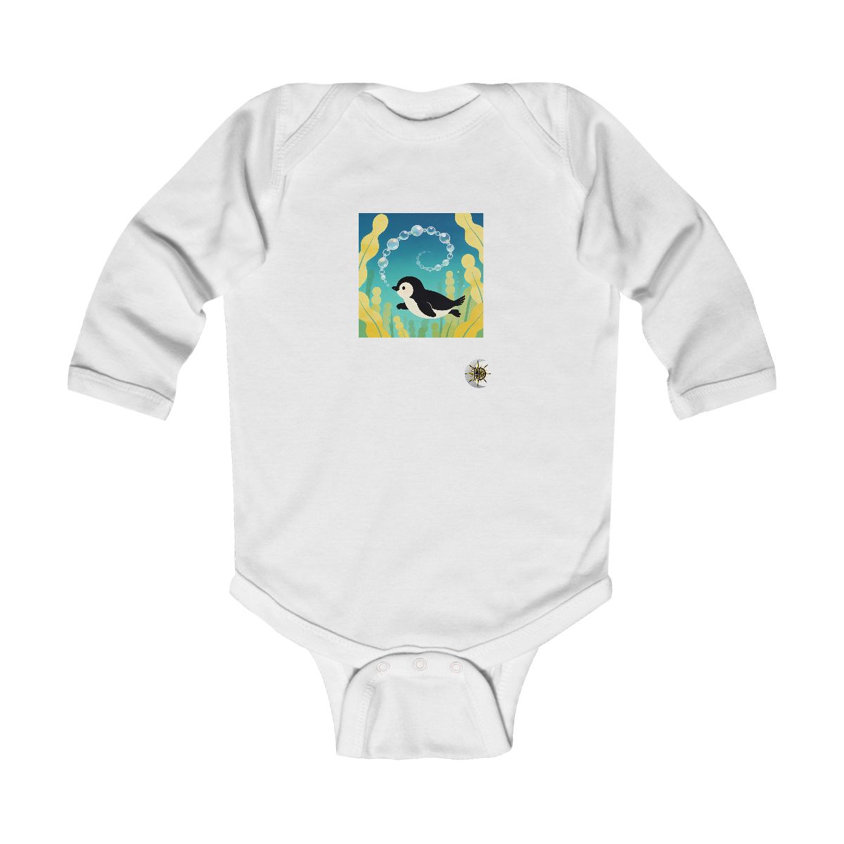 HD Little penguin chasing a looping chain of bubbles Infant Long Sleeve Bodysuit