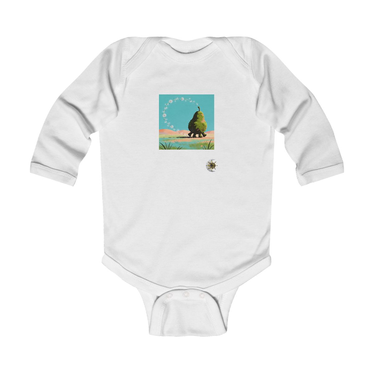 HD Pear-shaped moss creature with four stubby feet following a looping trail of seed fluff Infant Long Sleeve Bodysuit