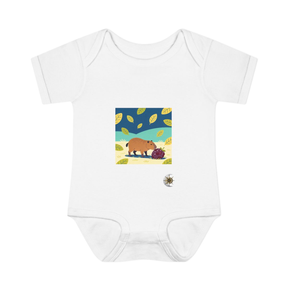 HD Capybara investigating an oversized berry Infant Baby Rib Bodysuit