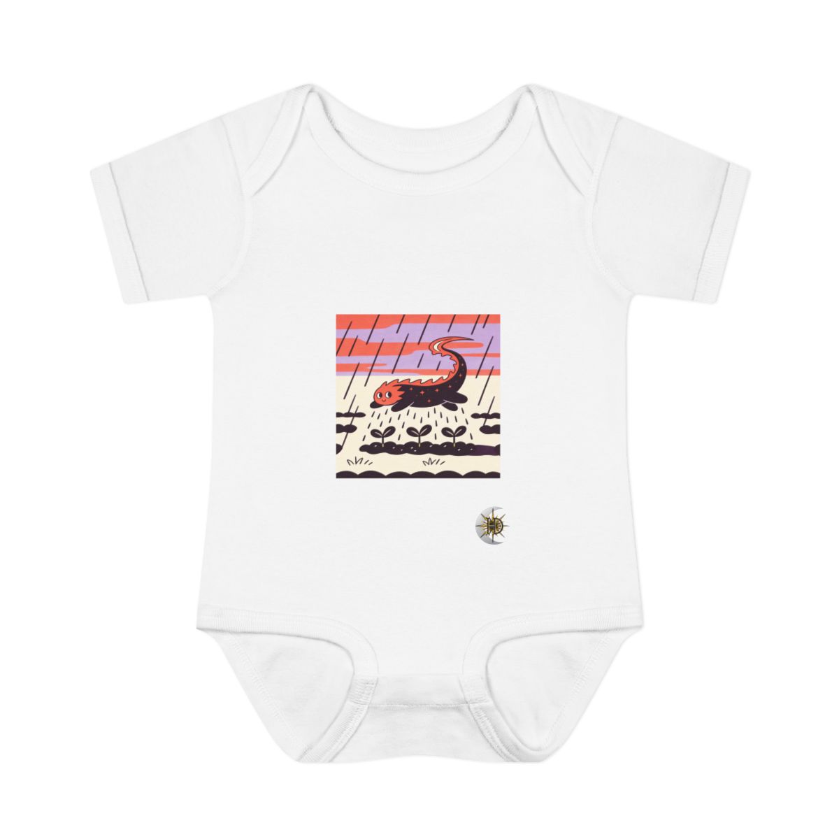 HD Comet creature with a curling tail sheltering three little sprouts Infant Baby Rib Bodysuit