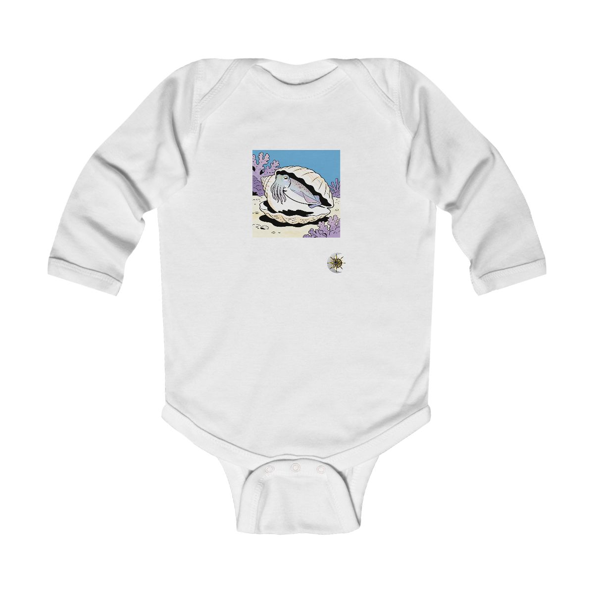 HD Cuttlefish peeking from behind an oversized shell Infant Long Sleeve Bodysuit