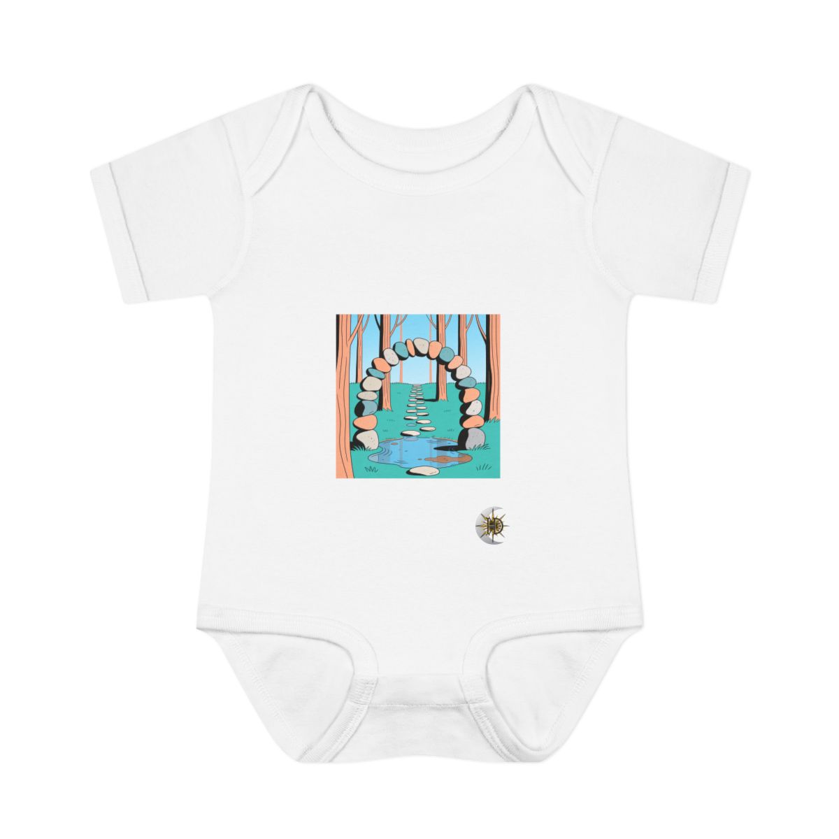HD Pebble arch over a puddle connected to a distant bank by stepping stones Infant Baby Rib Bodysuit