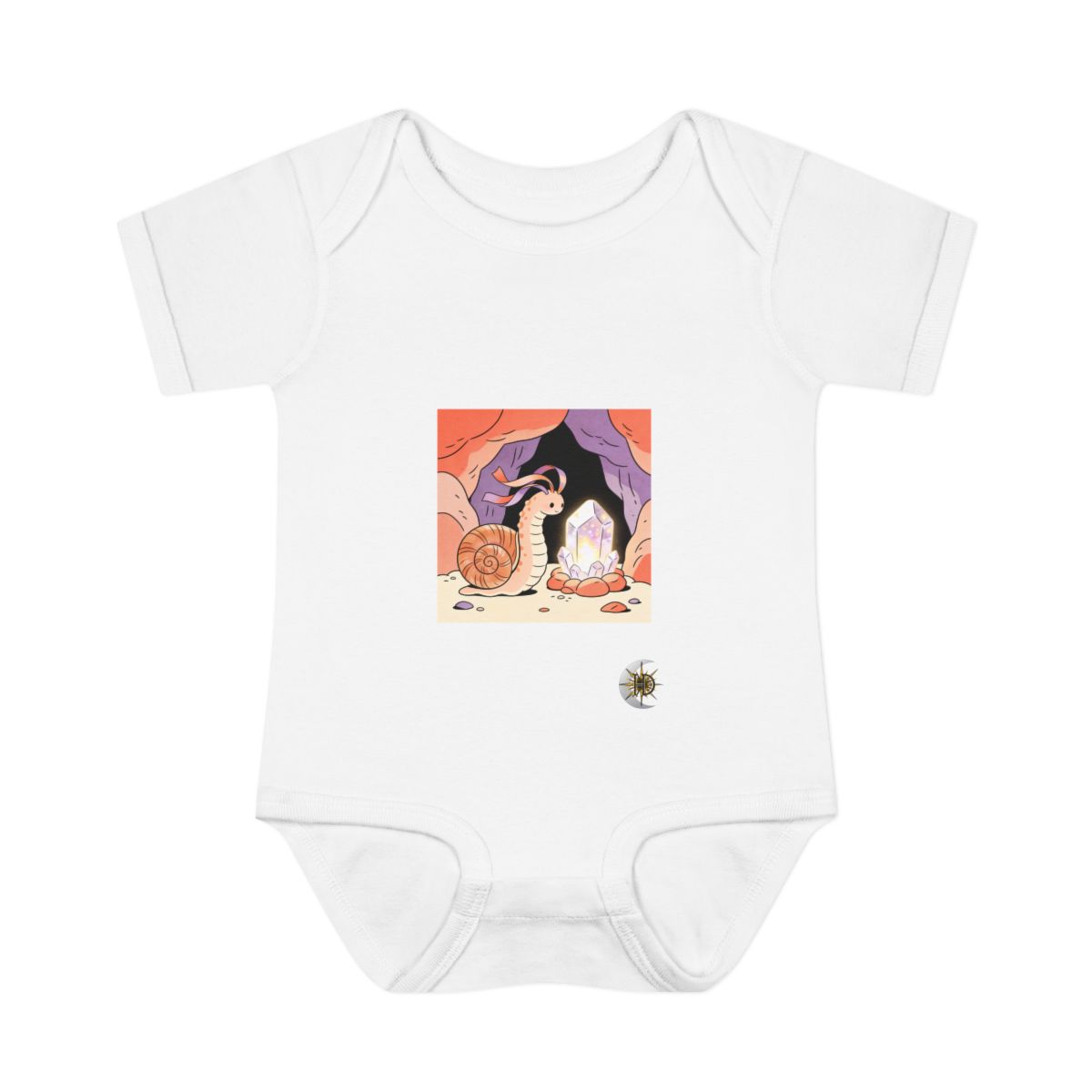 HD Shell creature with ribbon feelers curled beside a glowing mineral Infant Baby Rib Bodysuit