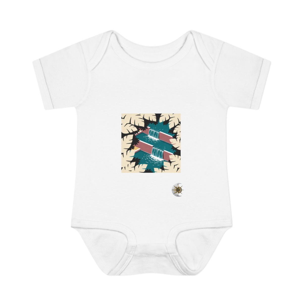HD Stepped waterfall framed by overlapping leaf silhouettes Infant Baby Rib Bodysuit