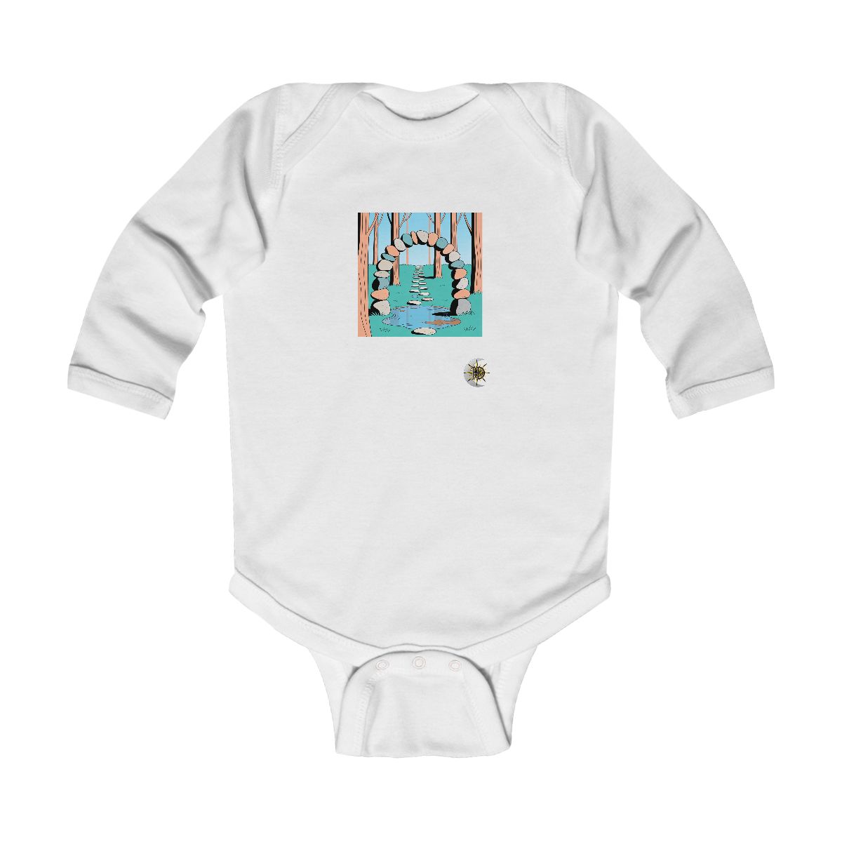HD Pebble arch over a puddle connected to a distant bank by stepping stones Infant Long Sleeve Bodysuit