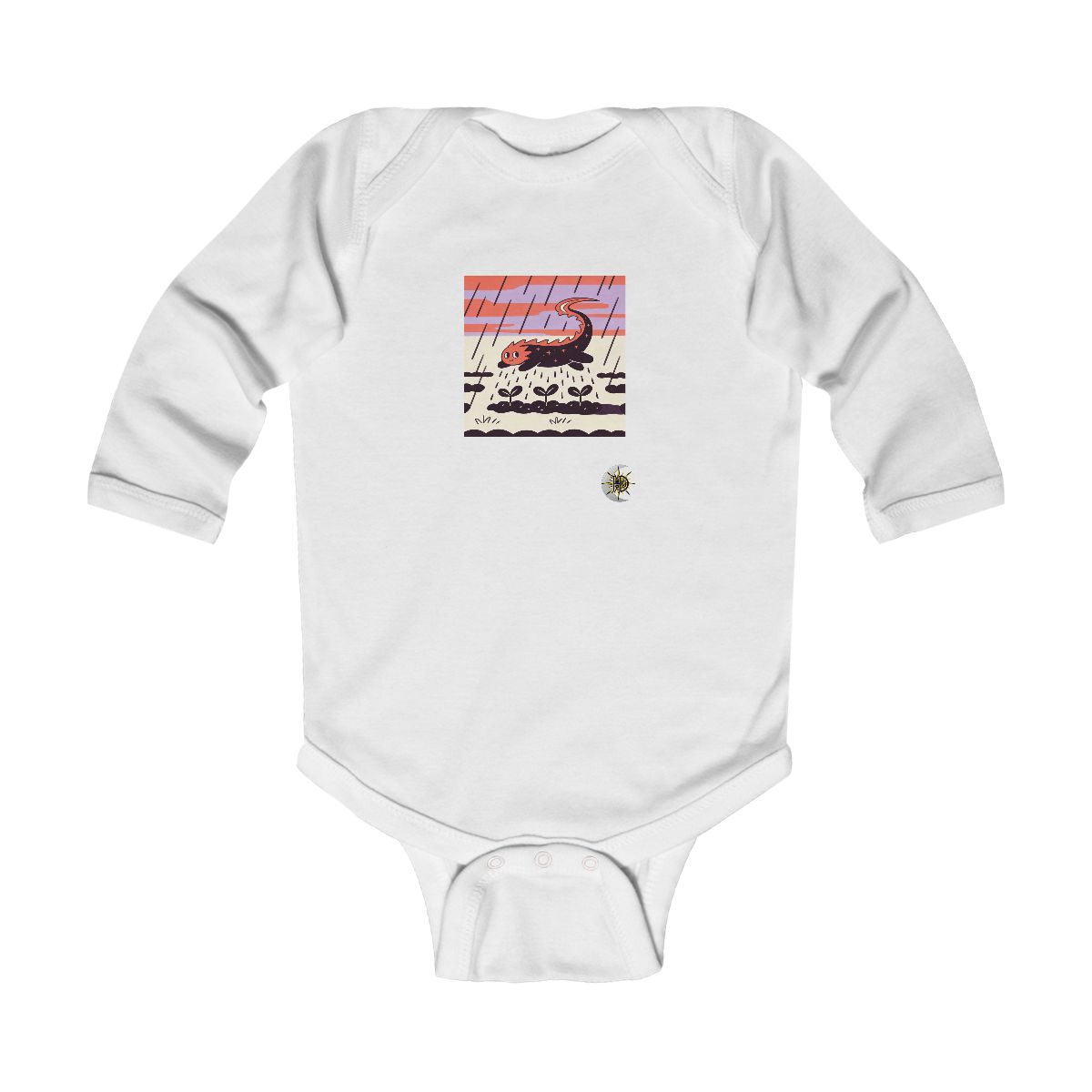 HD Comet creature with a curling tail sheltering three little sprouts Infant Long Sleeve Bodysuit