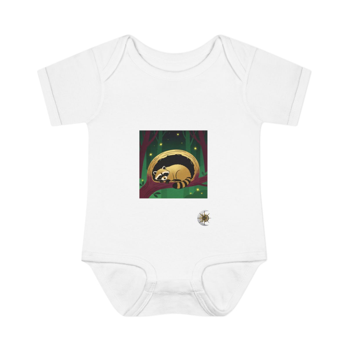 HD Raccoon napping inside a curved hollow branch Infant Baby Rib Bodysuit