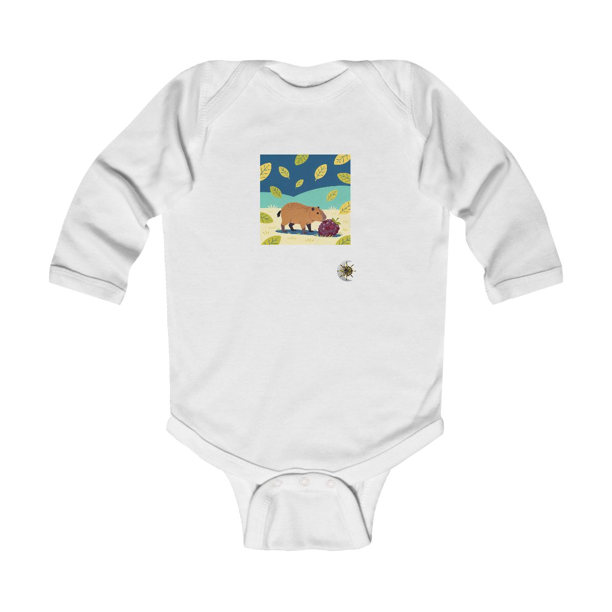 HD Capybara investigating an oversized berry Infant Long Sleeve Bodysuit