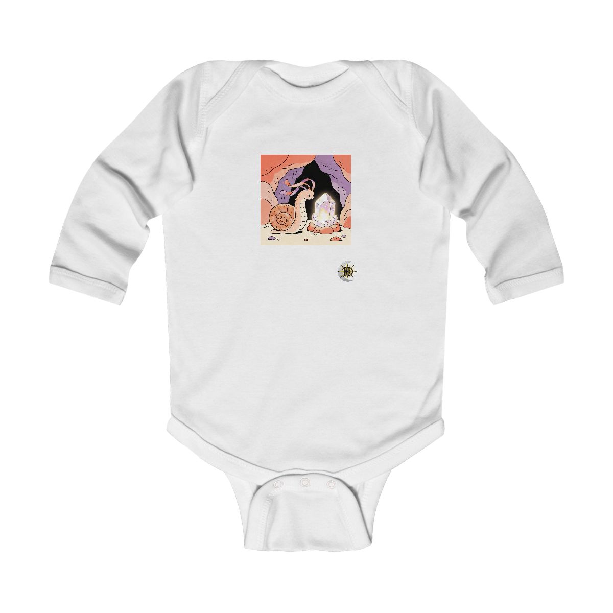 HD Shell creature with ribbon feelers curled beside a glowing mineral Infant Long Sleeve Bodysuit