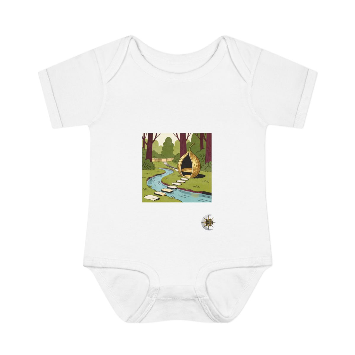HD Seedpod alcove connected to a distant bank by stepping stones Infant Baby Rib Bodysuit