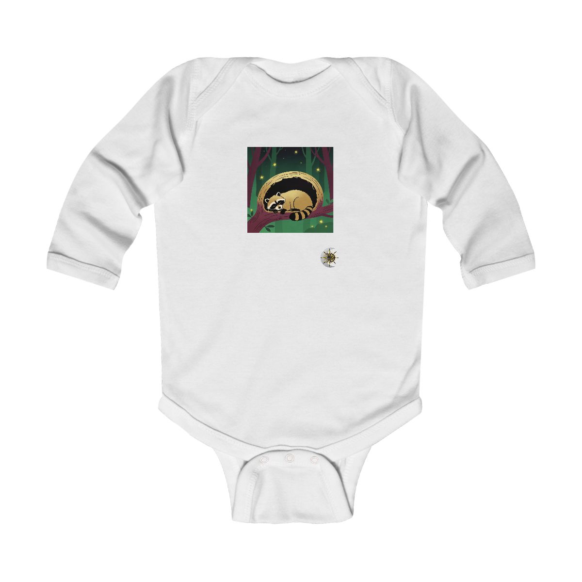 HD Raccoon napping inside a curved hollow branch Infant Long Sleeve Bodysuit