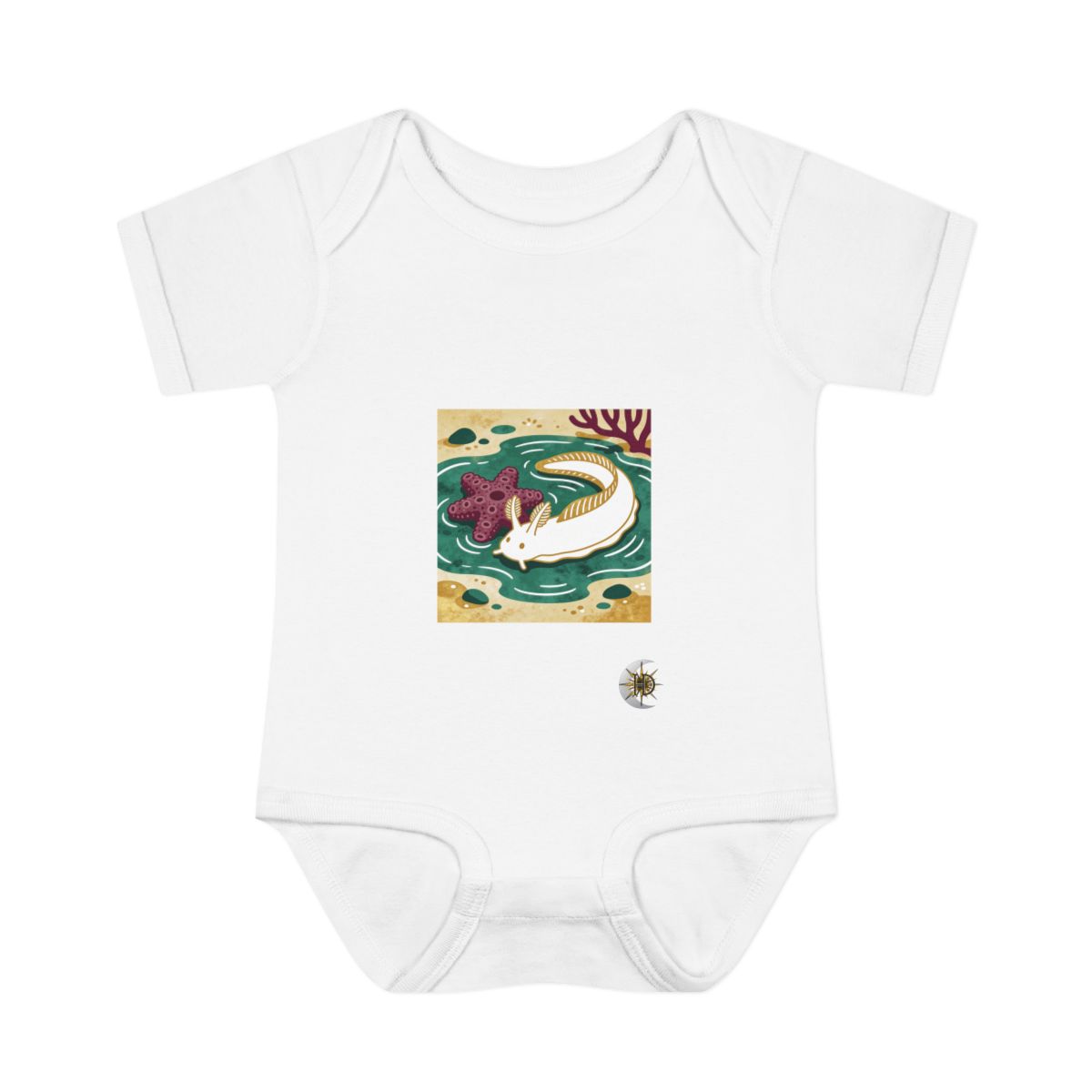 HD Sea slug resting near a star-shaped sea sponge Infant Baby Rib Bodysuit