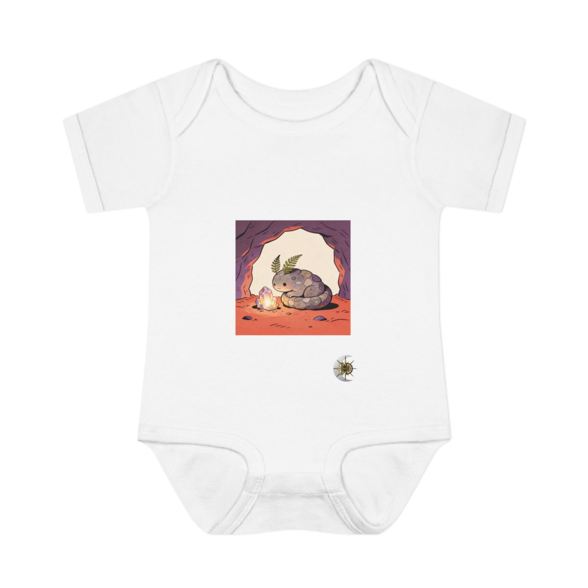 HD Pebble creature with fern ears curled beside a glowing mineral Infant Baby Rib Bodysuit