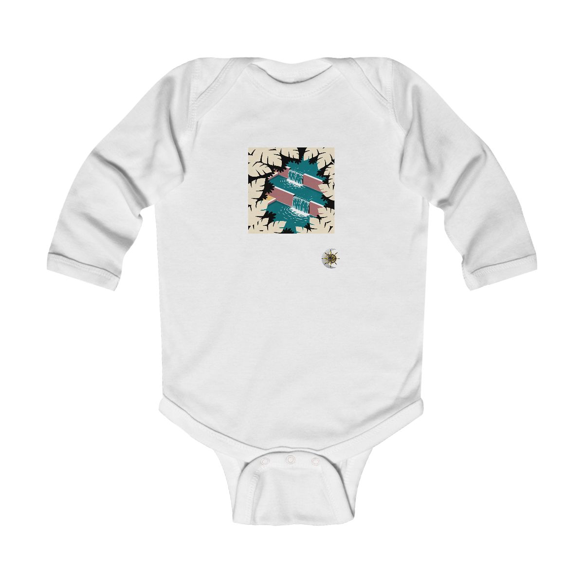 HD Stepped waterfall framed by overlapping leaf silhouettes Infant Long Sleeve Bodysuit