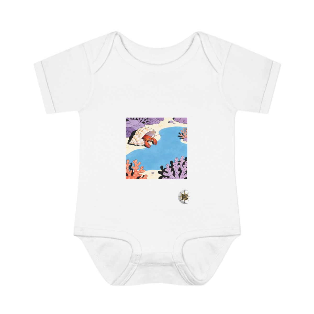 HD Small lobster peeking from behind an oversized shell Infant Baby Rib Bodysuit