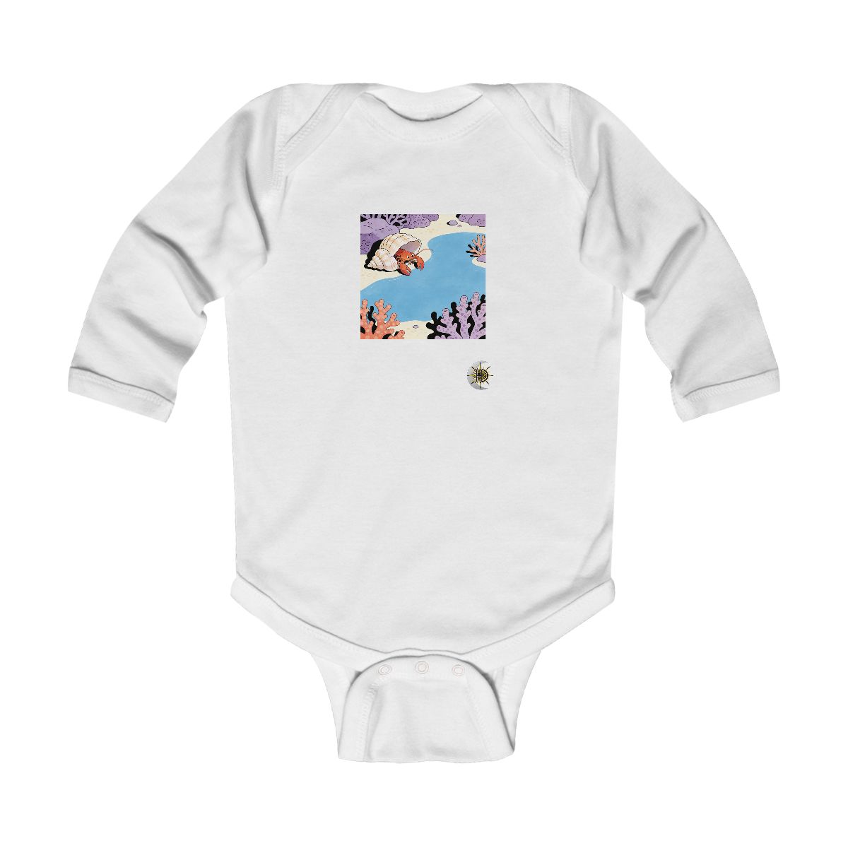 HD Small lobster peeking from behind an oversized shell Infant Long Sleeve Bodysuit