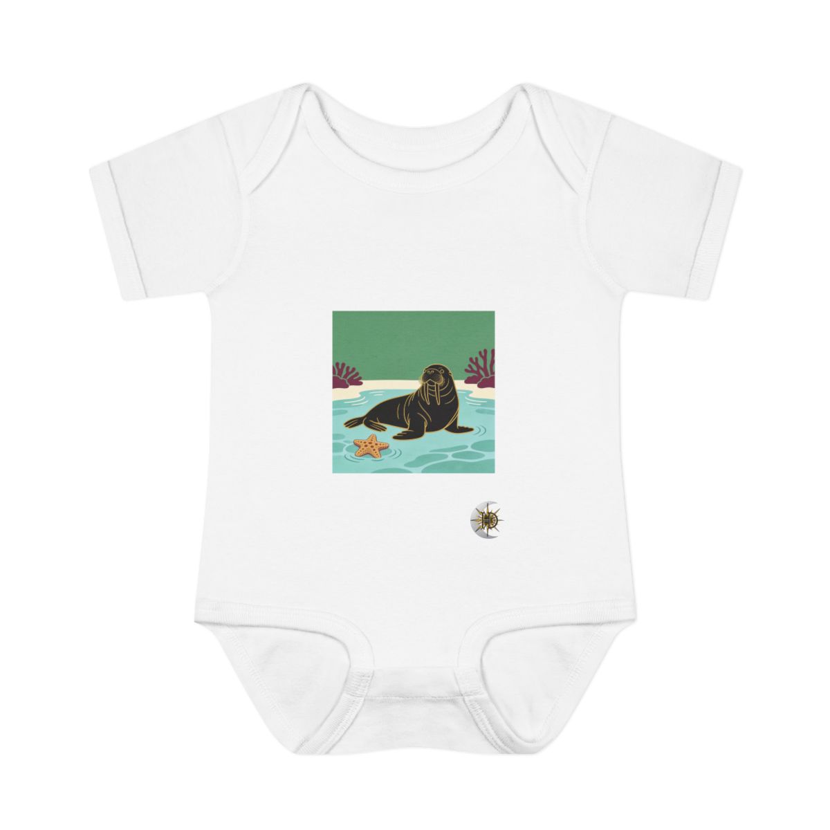 HD Walrus resting near a star-shaped sea sponge Infant Baby Rib Bodysuit