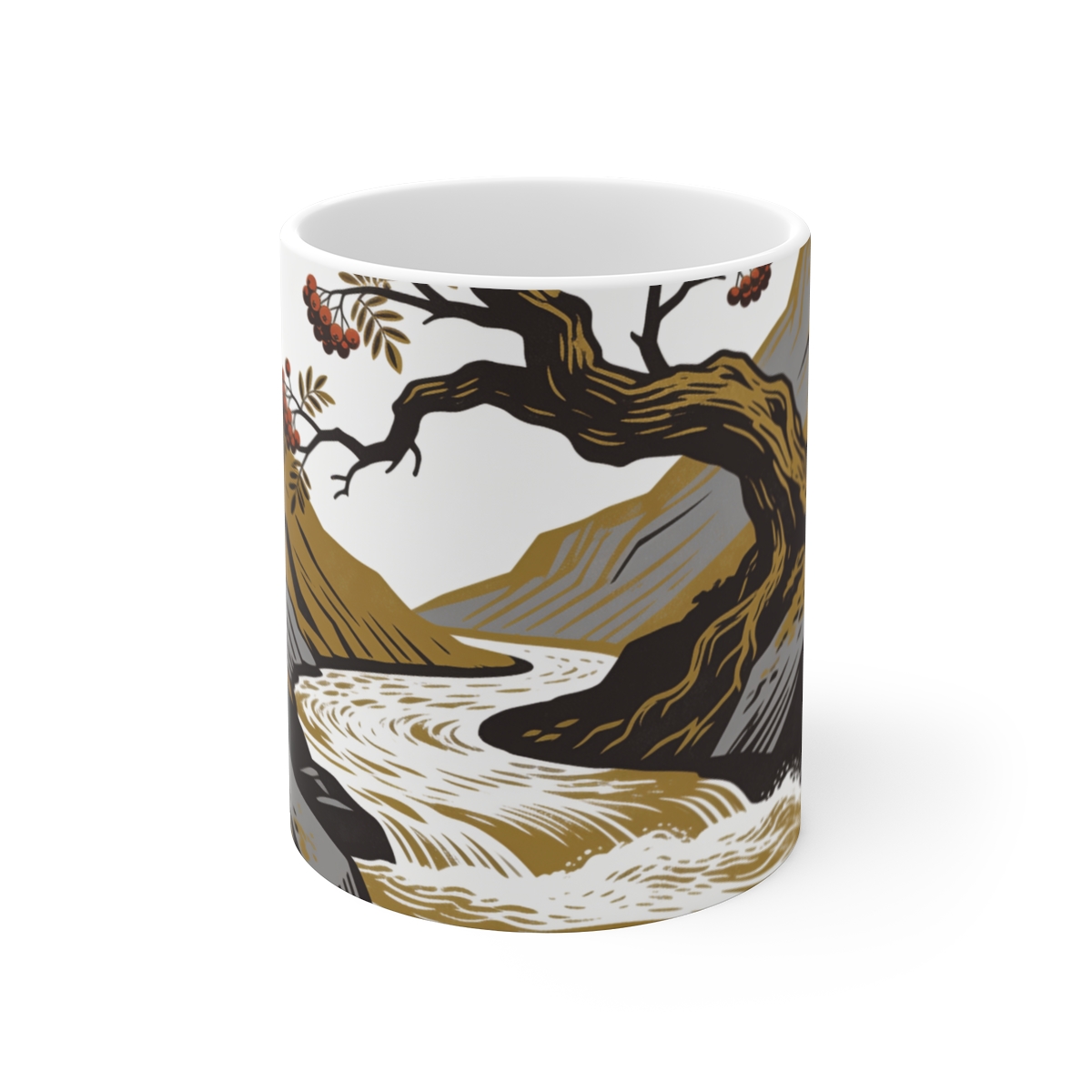 HD Gnarled mountain ash leaning above a swift river bend Ceramic Mug 11oz