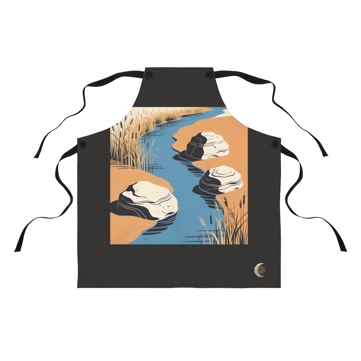 HD Reed-lined creek flowing between three sculptural stone masses Polyester Kitchen Apron