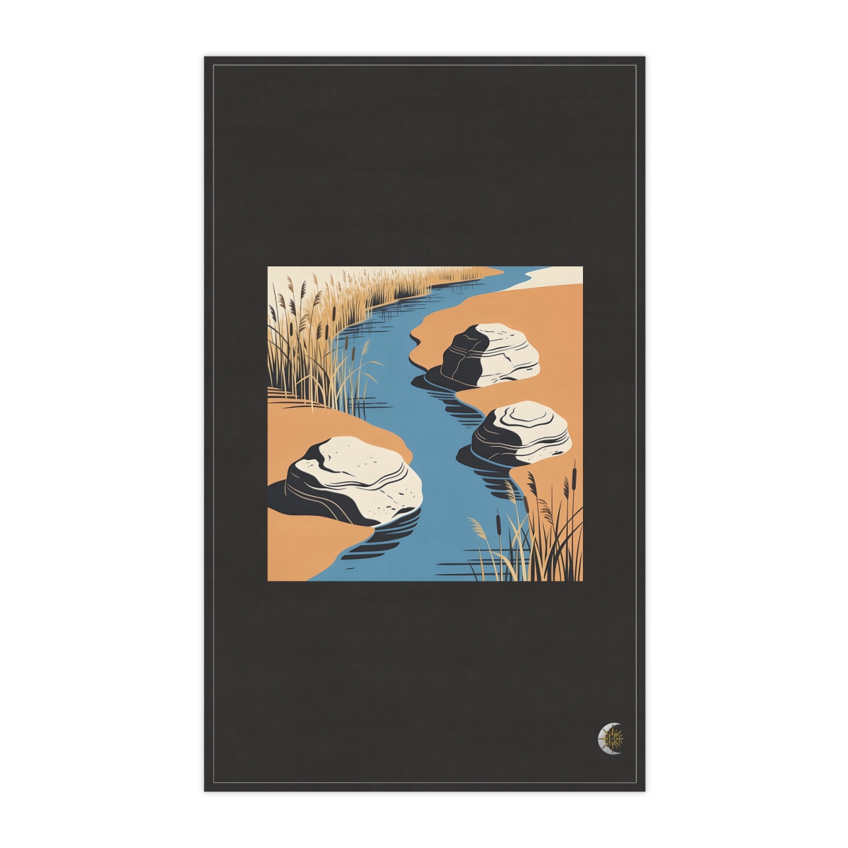 HD Reed-lined creek flowing between three sculptural stone masses 100% Cotton Twill Tea Towel