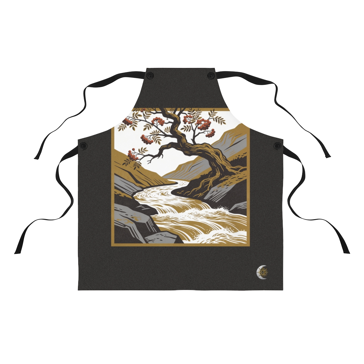 HD Gnarled mountain ash leaning above a swift river bend Polyester Kitchen Apron