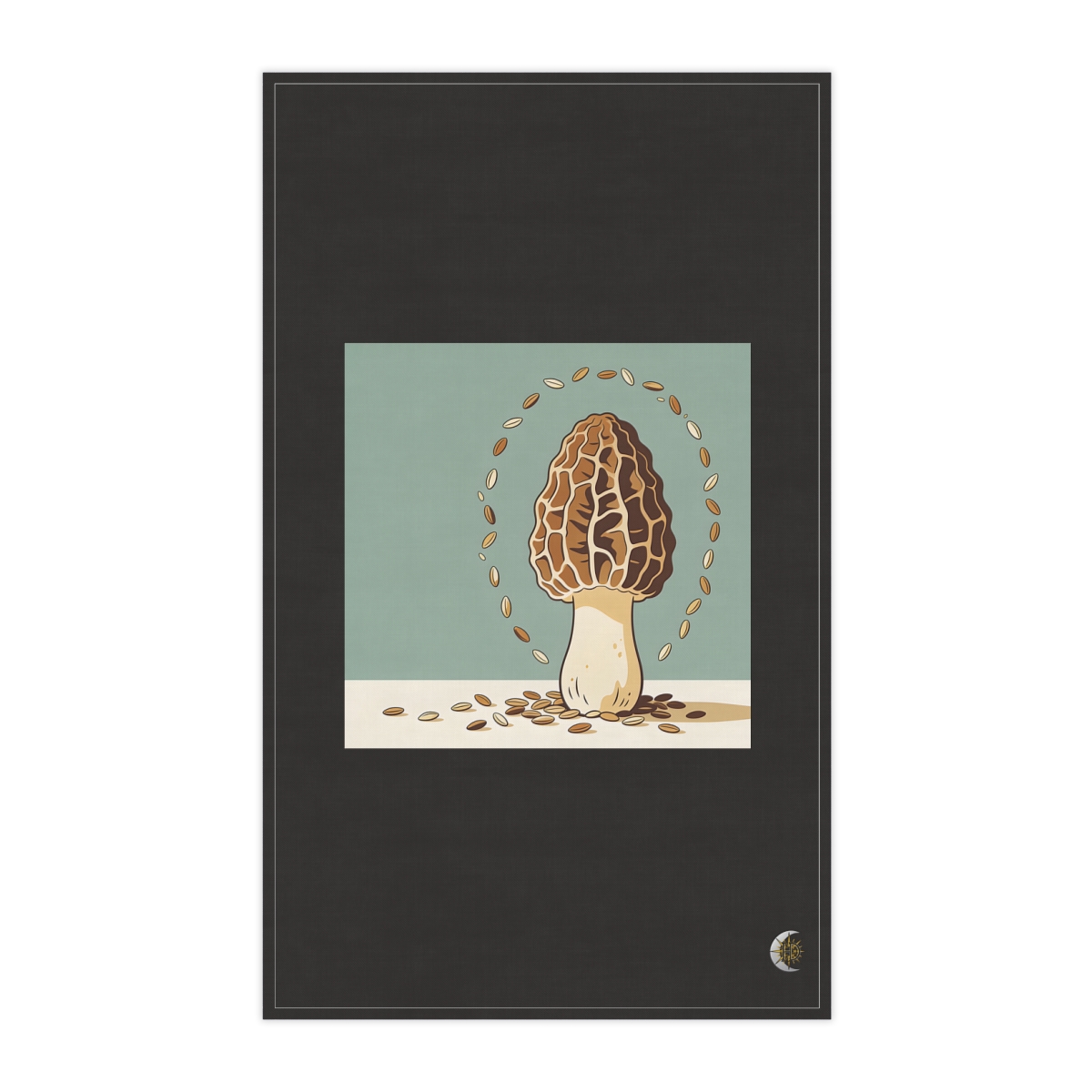 HD Morel surrounded by an arc of scattered seeds 100% Cotton Twill Tea Towel