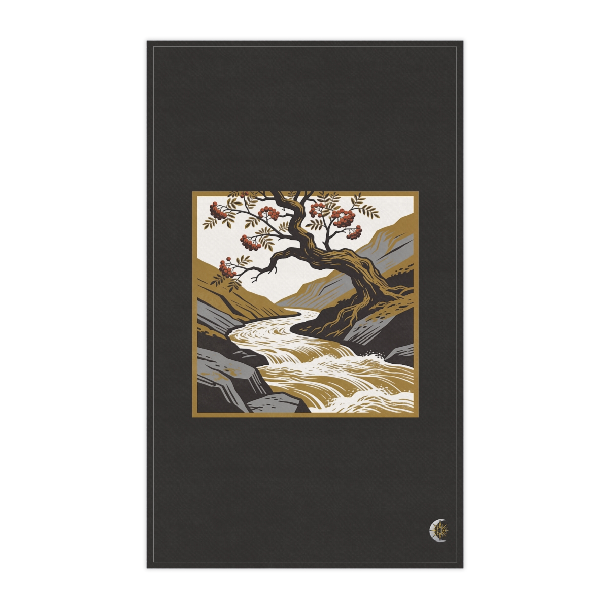 HD Gnarled mountain ash leaning above a swift river bend 100% Cotton Twill Tea Towel