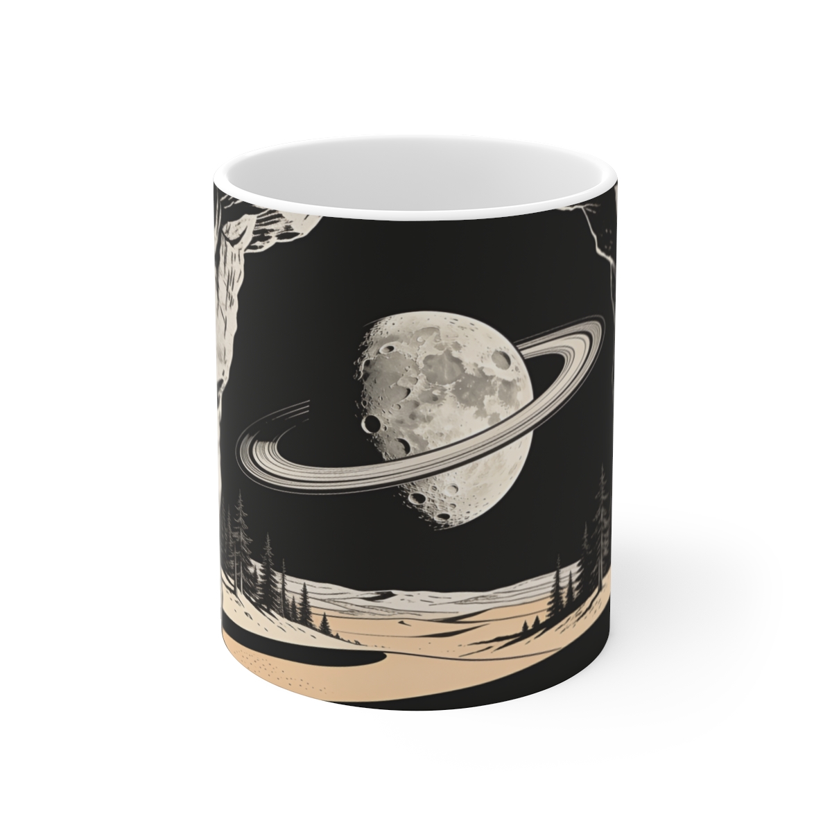 HD Cratered ringed moon seen through a jagged foreground rock opening Ceramic Mug 11oz