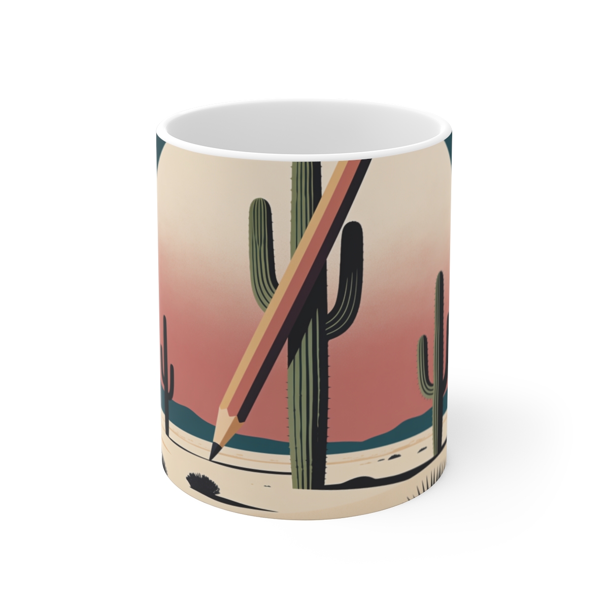 HD Pencil cactus crossing a large semicircle of dusk sky Ceramic Mug 11oz