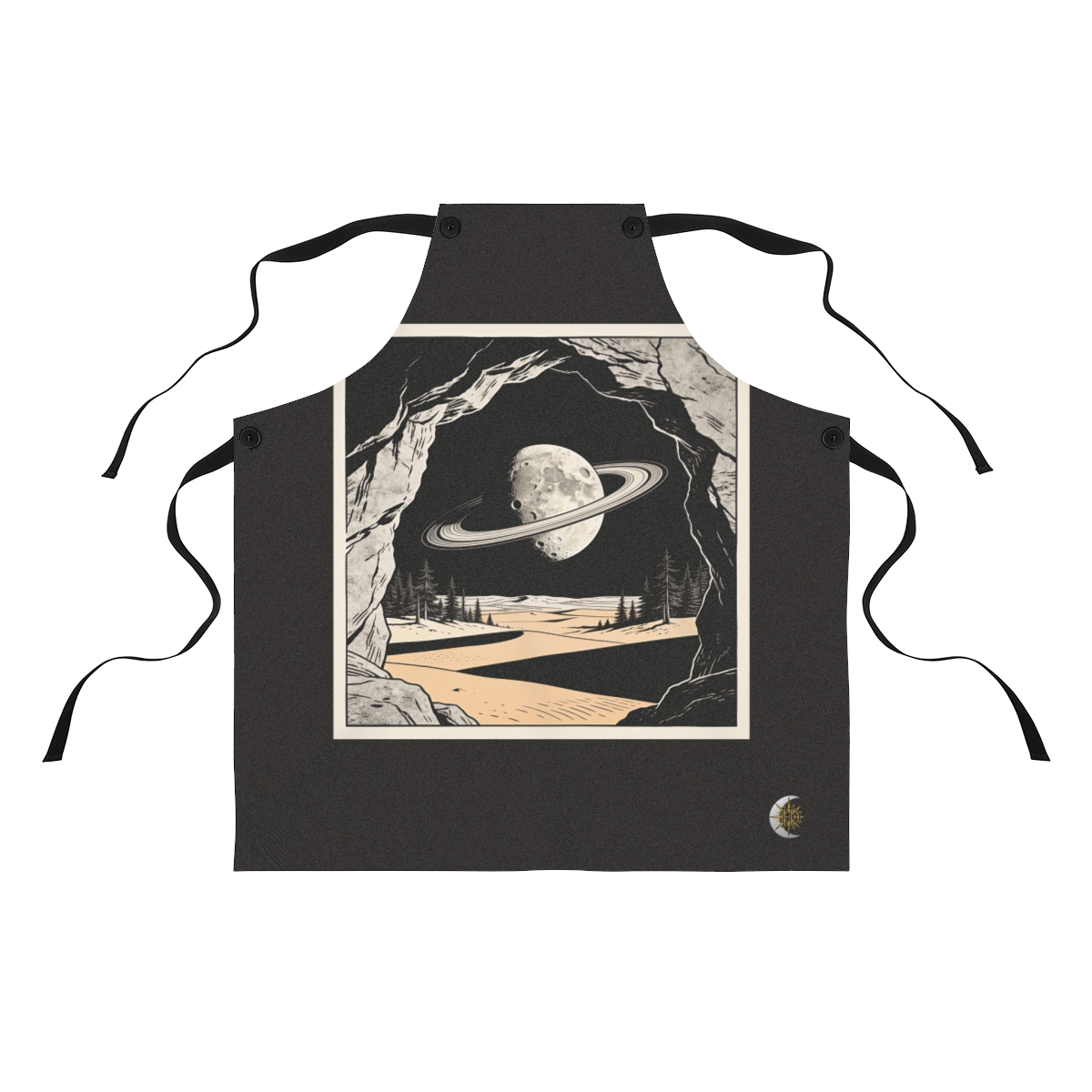 HD Cratered ringed moon seen through a jagged foreground rock opening Polyester Kitchen Apron